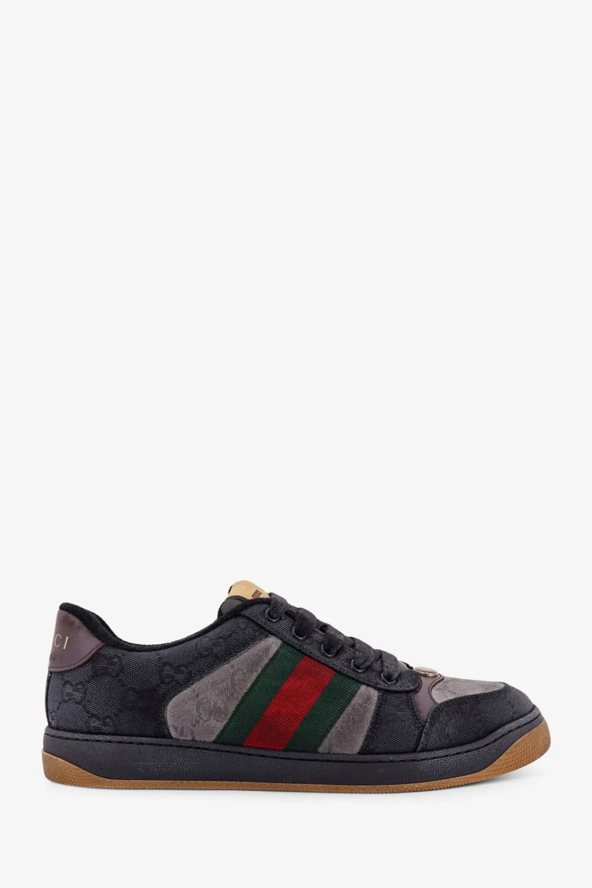 Gucci men’s gg bicolor fabric sneakers black with signature gg supreme canvas upper and red green striped webbing