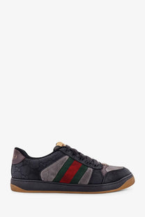 Gucci men’s gg bicolor fabric sneakers black with signature gg supreme canvas upper and red green striped webbing