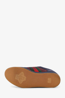 Gucci men’s gg bicolor fabric sneakers in navy blue with red and green striped fabric accents on the side