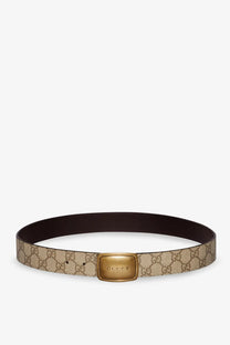 Gucci men’s brown coated canvas belt with beige and brown gg monogram and gold-tone rectangular buckle