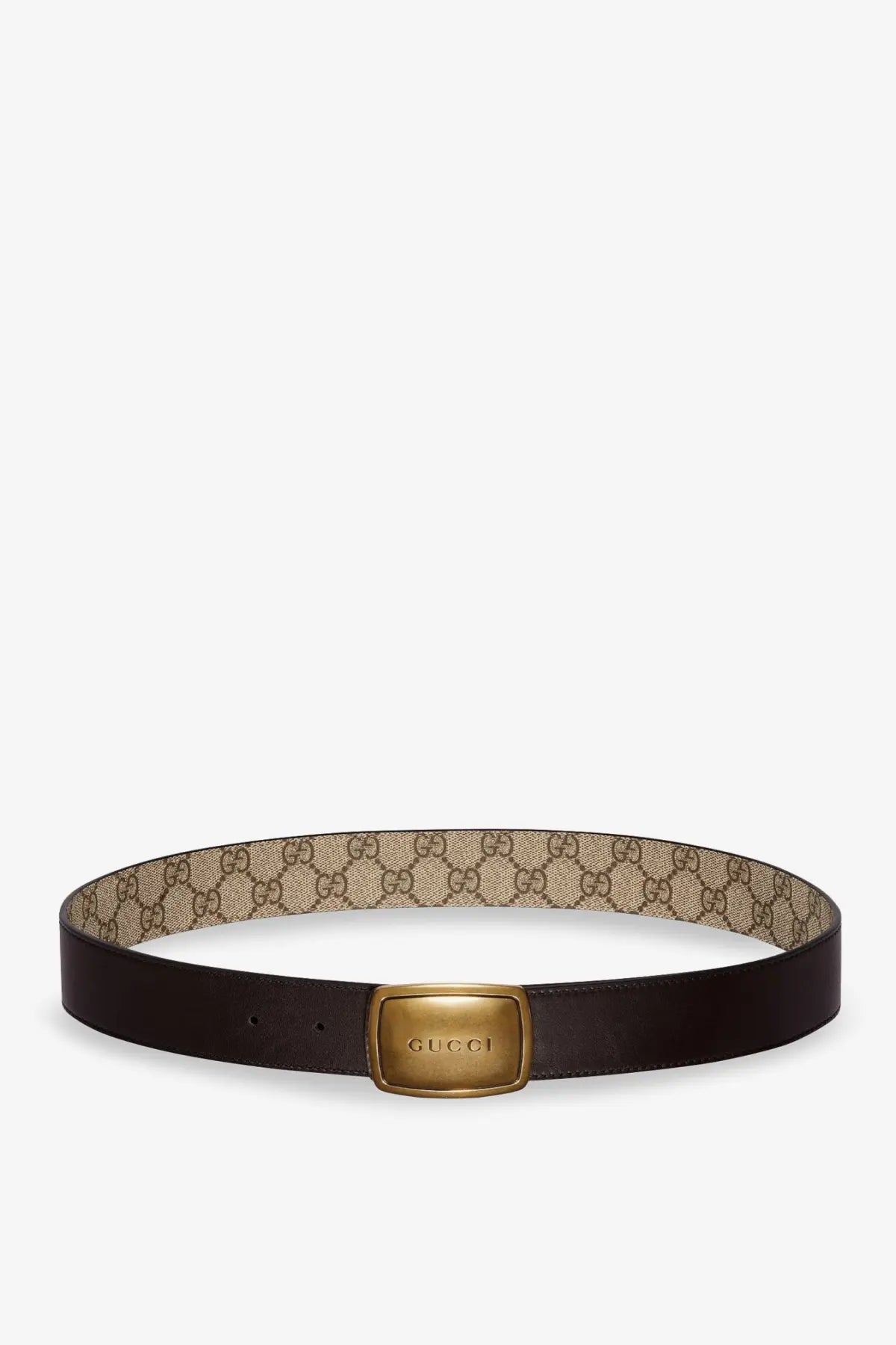 Gucci men’s brown leather belt with beige and brown gg supreme canvas and gold-tone rectangular gucci buckle