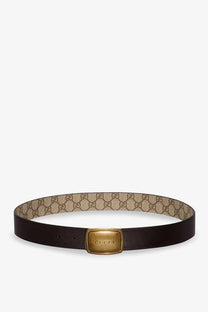 Gucci men’s brown leather belt with beige and brown gg supreme canvas and gold-tone rectangular gucci buckle