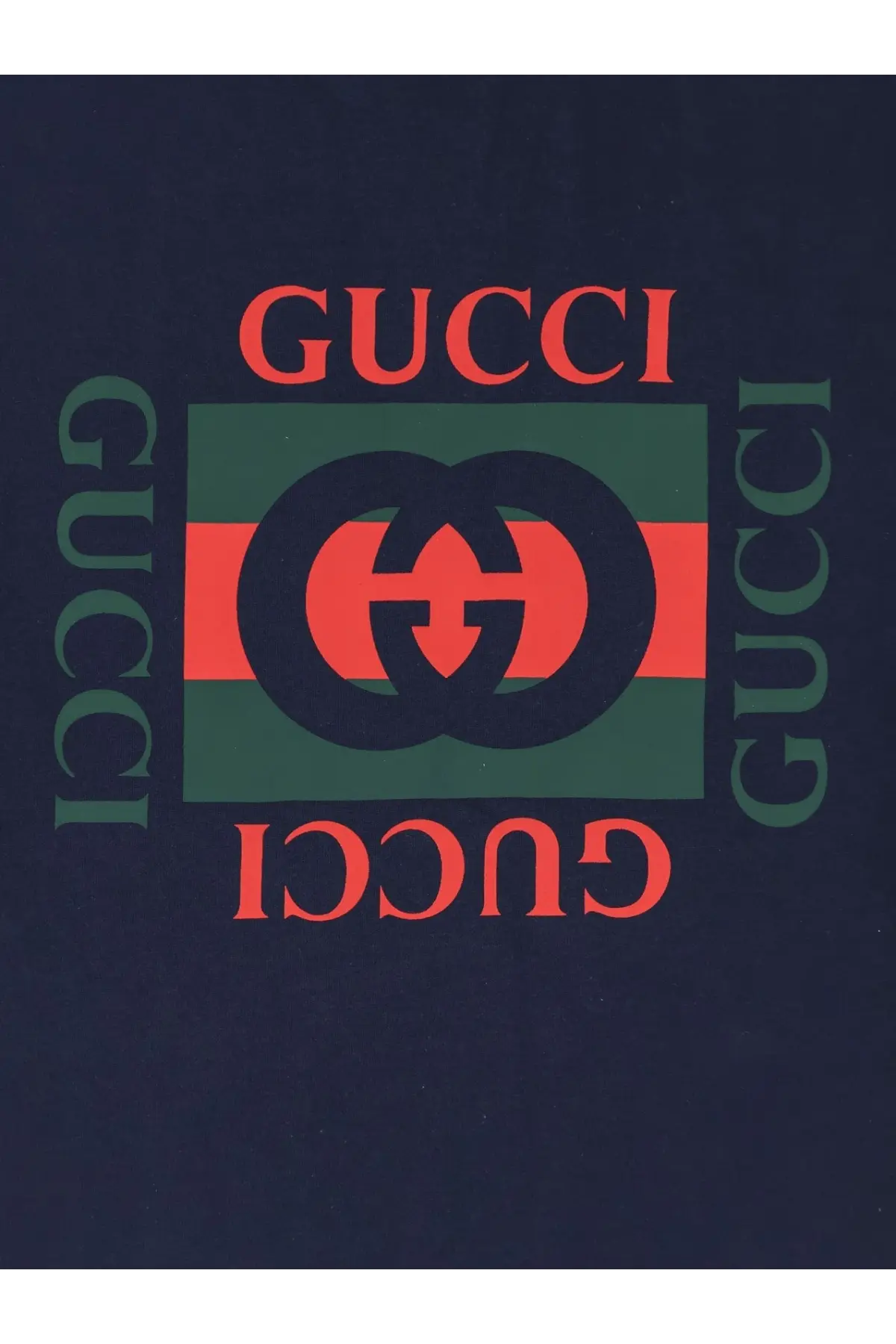 Gucci men’s gg cotton shirt blue featuring dark blue gucci logo print with bold red and green branding elements