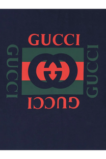 Gucci men’s gg cotton shirt blue featuring dark blue gucci logo print with bold red and green branding elements