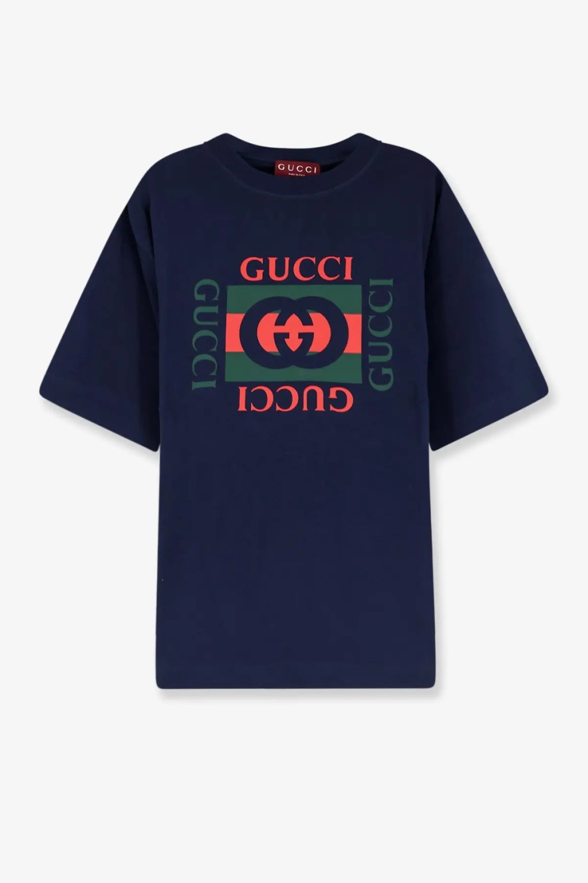 Navy blue gucci men’s gg cotton shirt with bold logo and red green stripes flanked by vertical gucci lettering