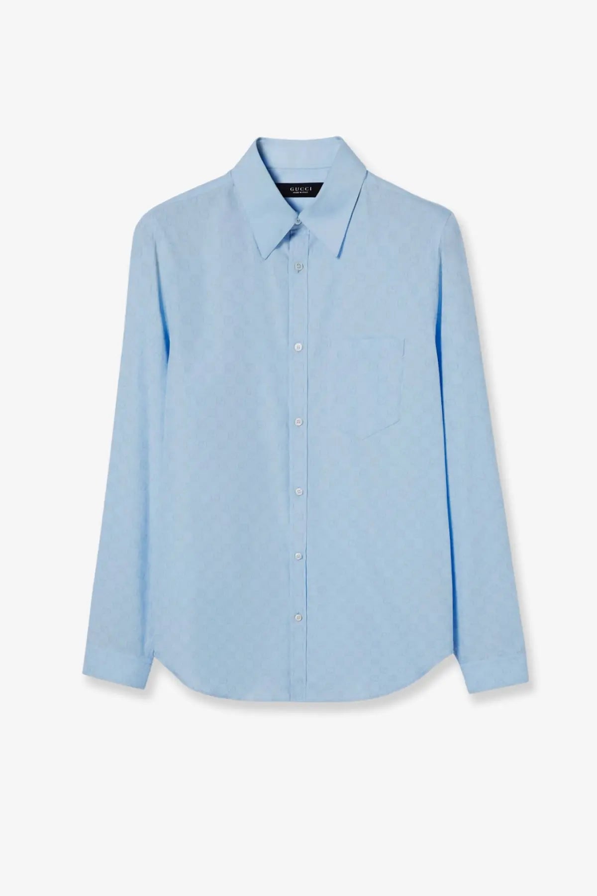 A light blue Gucci men’s GG cotton button-down shirt with classic collar and subtle stitching details