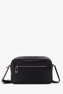 Black Gucci men’s GG emblem leather crossbody camera bag with embossed logo pattern and silver-toned hardware