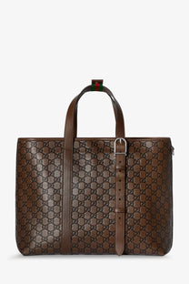 Brown Gucci GG Supreme leather tote bag with signature interlocking G monogram and top handle for men