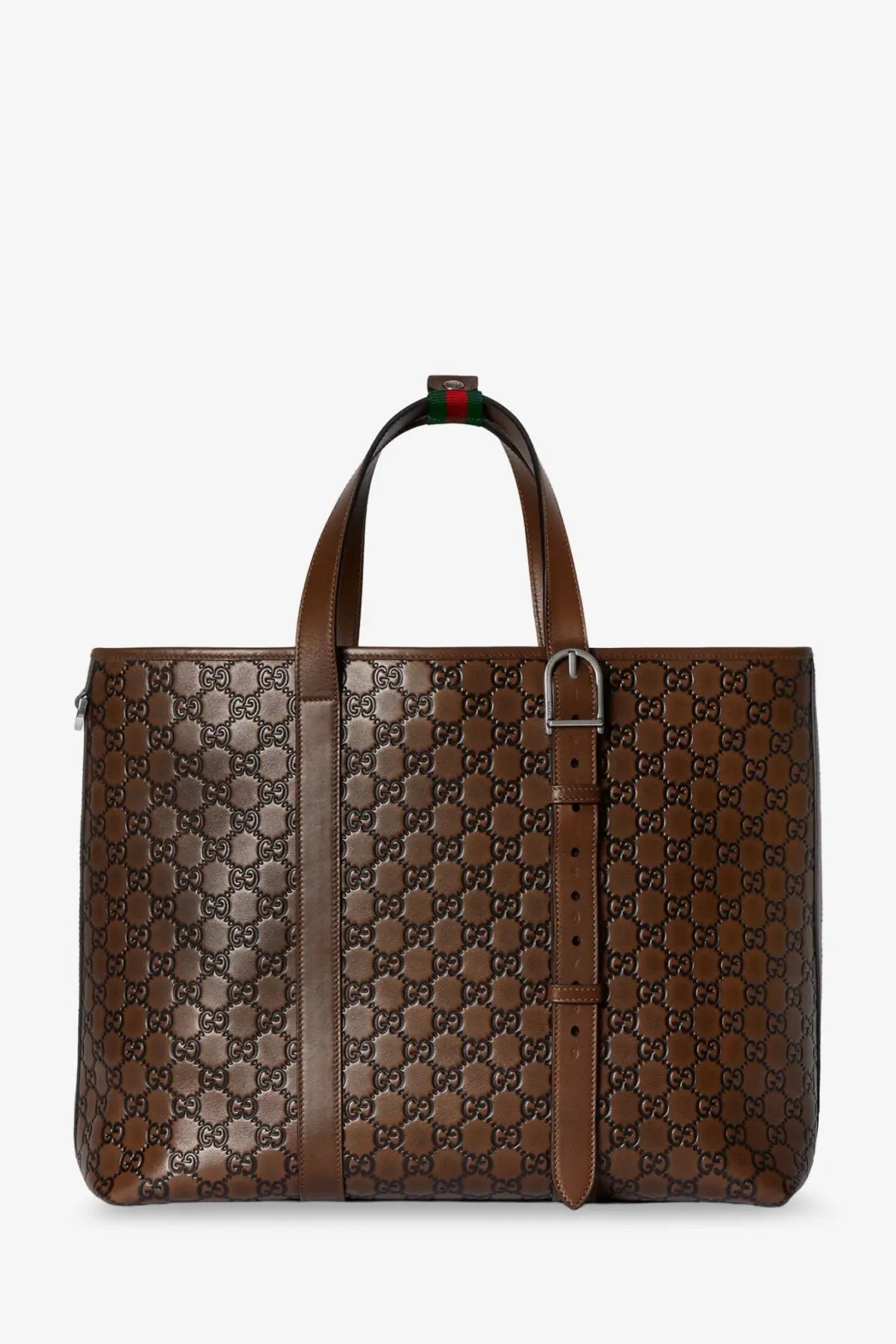 Brown leather Gucci men’s GG emblem tote bag with embossed monogram and green-red striped handle tab