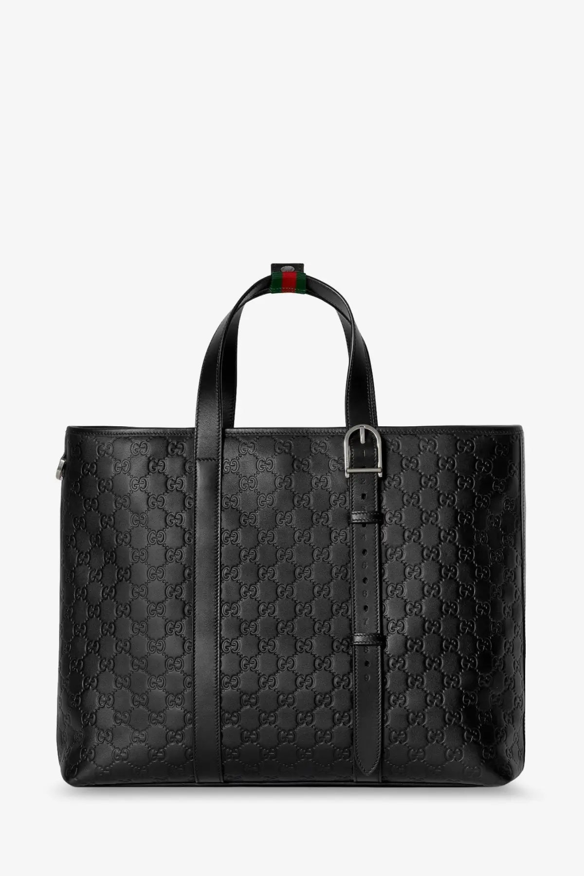 Black Gucci men’s GG emblem leather tote bag with signature interlocking G pattern and red-green striped handle tab
