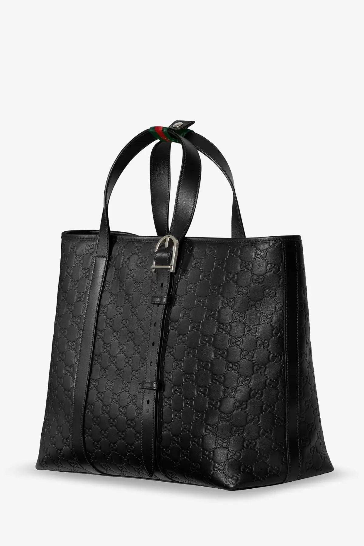 Black leather Gucci men’s tote bag with embossed GG monogram pattern and silver-tone buckle closure