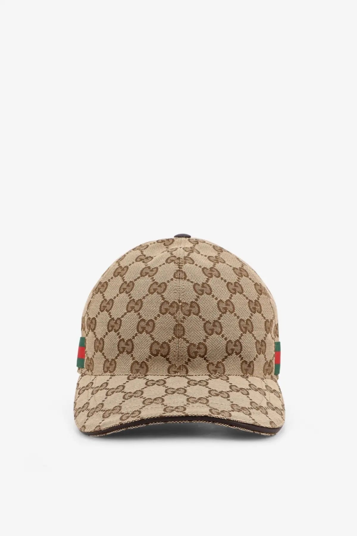 Beige and brown Gucci GG fabric baseball hat with red and green side stripes designed for men