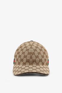 Beige and brown Gucci GG fabric baseball hat with red and green side stripes designed for men