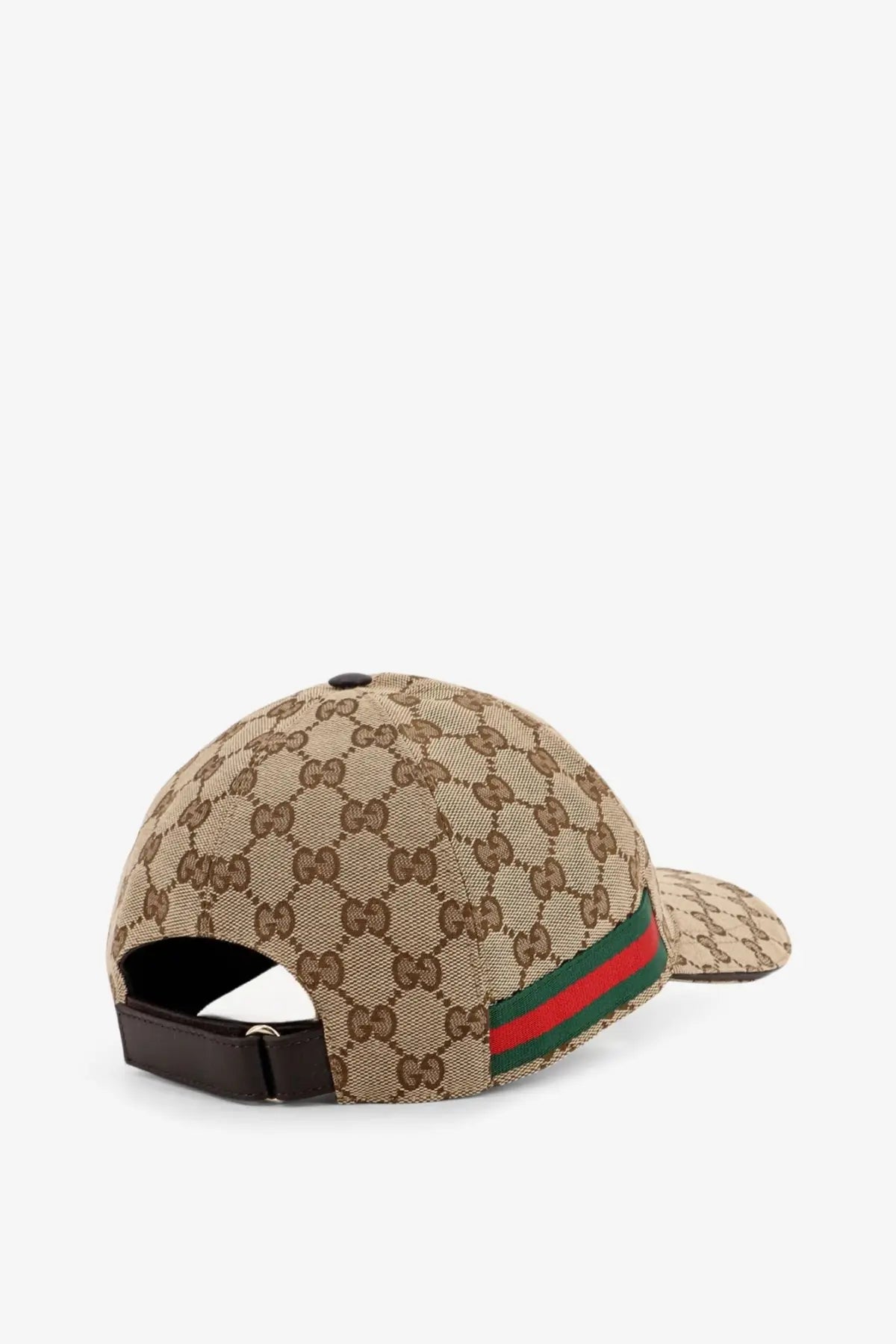Gucci men’s brown gg fabric baseball hat with beige and brown pattern and red green striped brim