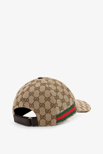 Gucci men’s brown gg fabric baseball hat with beige and brown pattern and red green striped brim
