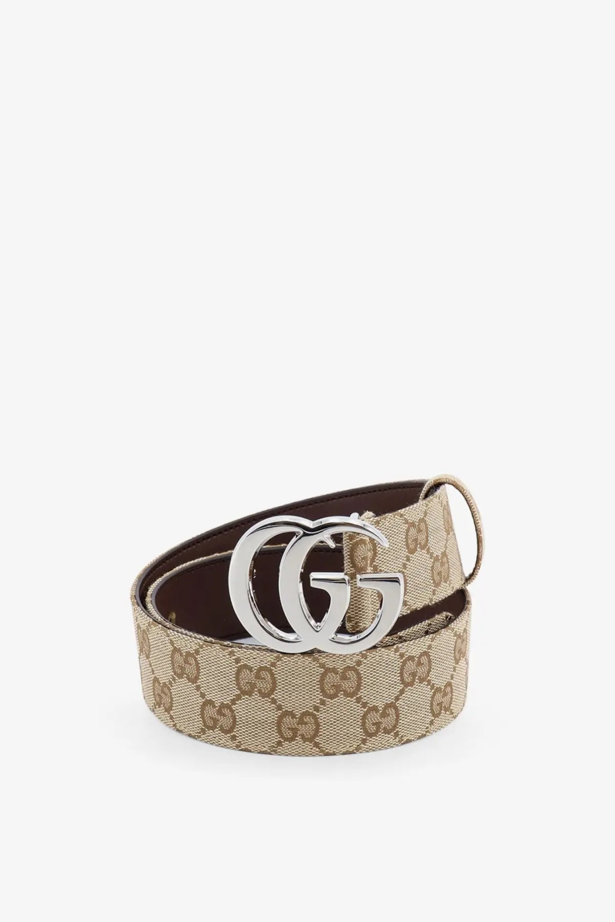 Beige and brown gucci men’s gg fabric belt with supreme canvas and silver-toned double g buckle