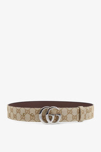 Beige and brown Gucci men’s GG fabric belt with silver-toned double G buckle in GG supreme canvas design