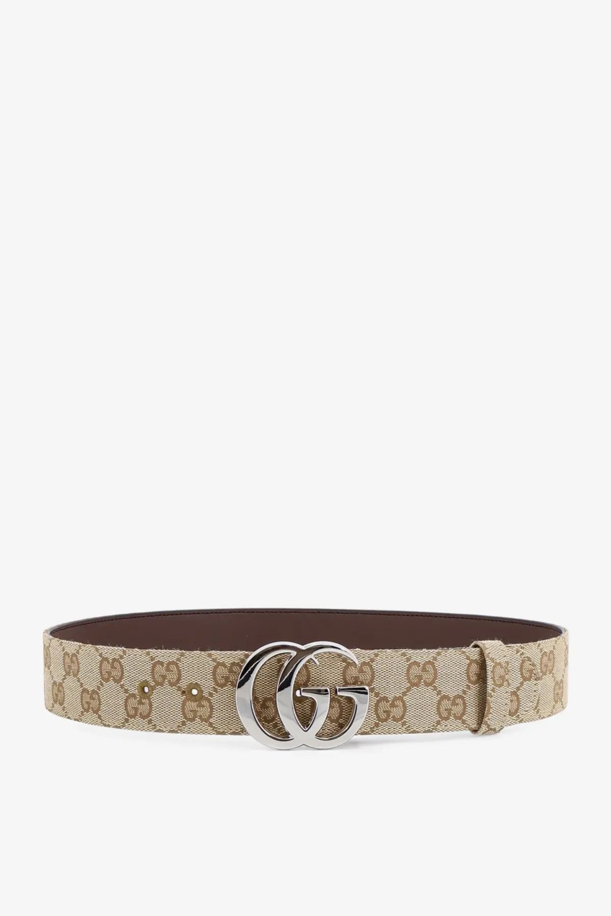Gucci men’s beige and brown GG supreme fabric belt with silver-toned double G buckle