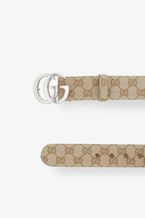 Gucci men’s beige fabric belt with interlocking gg logo pattern and silver-toned double g buckle