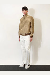 Beige and brown gucci men’s gg fabric bomber jacket with ribbed cuffs and waistband in supreme canvas material