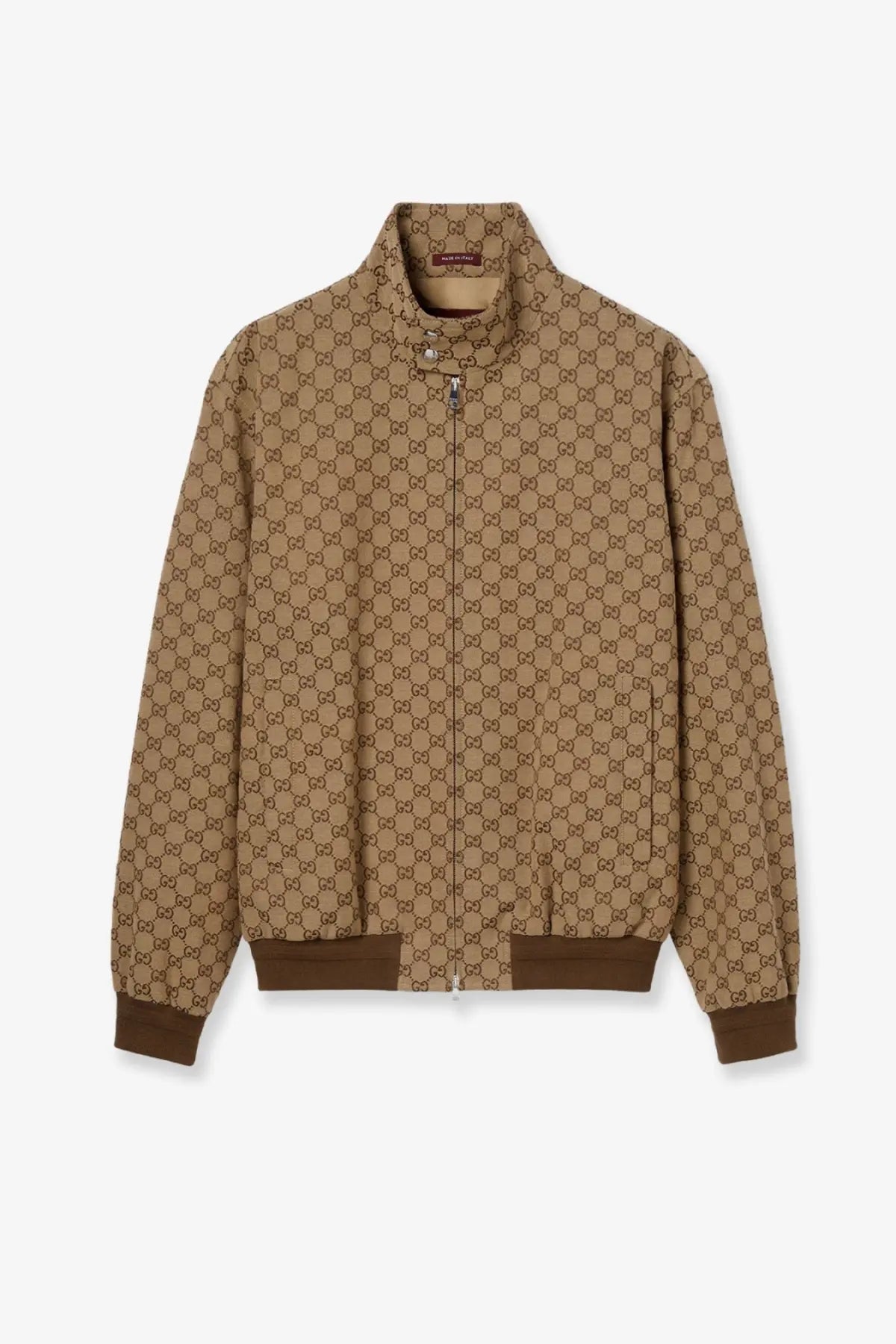 Gucci men’s beige tan fabric jacket with repeating brown interlocking gg logo pattern and ribbed cuffs