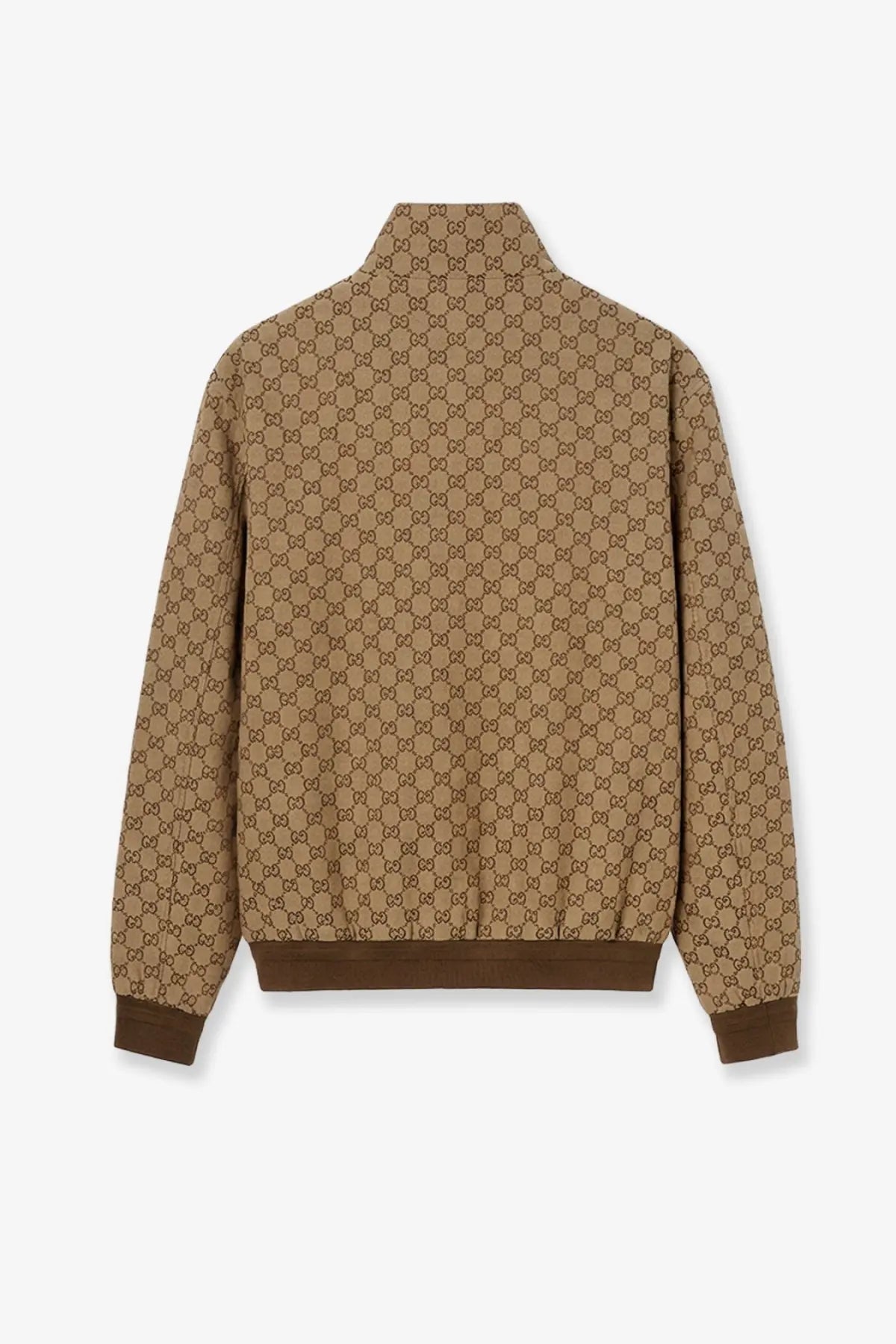 Gucci men’s tan fabric jacket with repeating brown interlocking gg logo pattern in beige tone