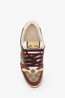 Gucci men’s multicolor sneakers in brown and beige with gg supreme fabric leather green stripe and gold logo plaque