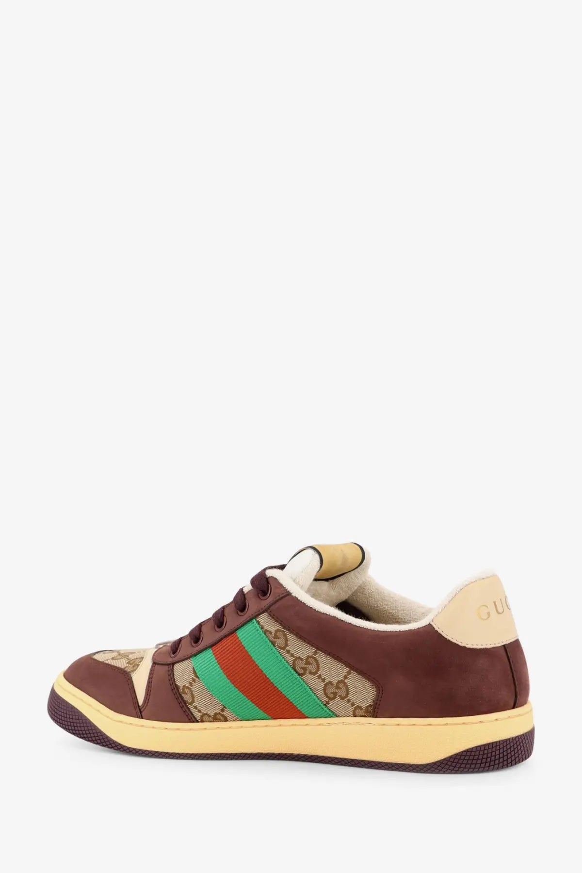 Brown Gucci men’s GG fabric leather sneakers with beige and green striped accents and iconic GG monogram pattern