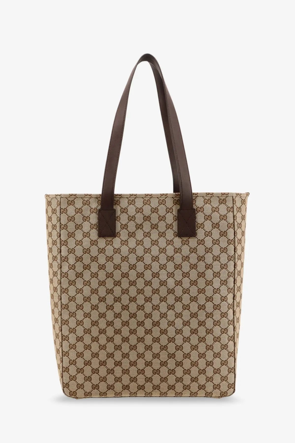 Beige and brown Gucci men’s GG fabric shopping tote bag with leather handles in GG supreme canvas material