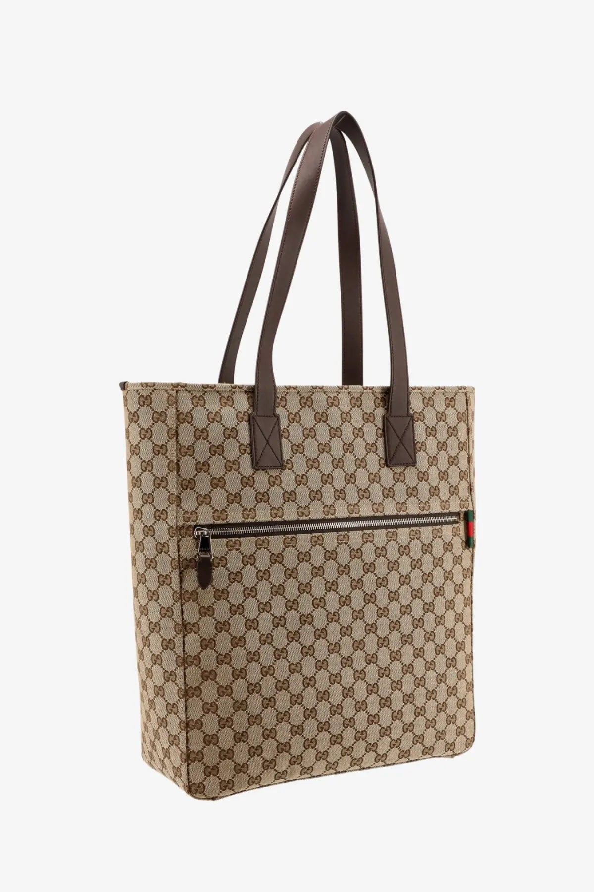 Beige and brown Gucci men’s GG canvas shopping bag with leather handles in brown and beige Supreme pattern