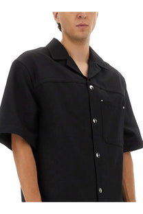 Gucci men’s black short-sleeved GG jacquard shirt with collar chest pocket and silver-toned buttons