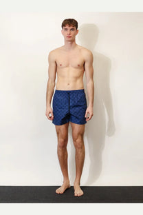 Blue Gucci men’s GG nylon swim trunks featuring a repeating monogram pattern for stylish beachwear