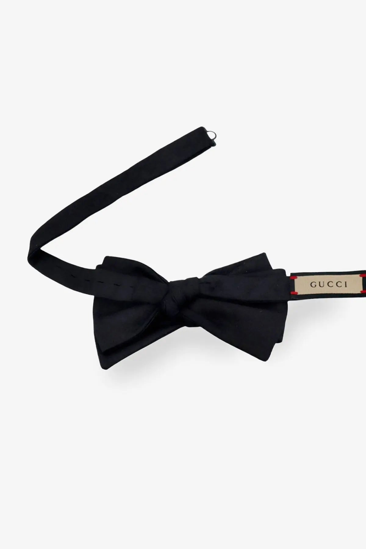 Black gucci men’s gg silk bow tie with sleek satin finish and branded tag on adjustable strap