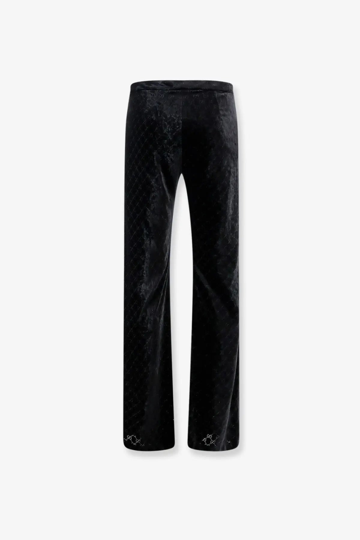 Gucci men’s black stretch devoré velvet trousers with subtle textured pattern and delicate cuff embellishments