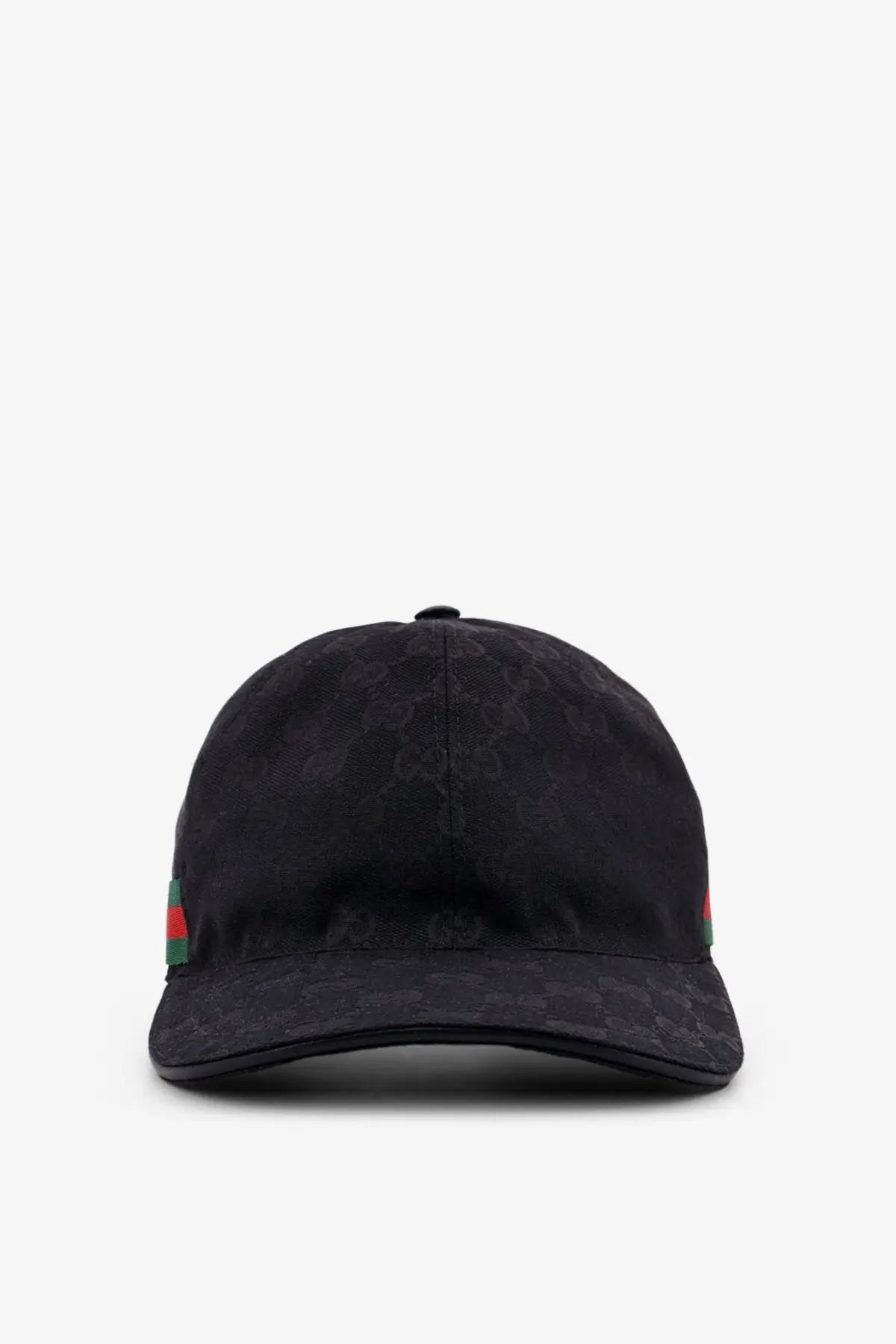 Gucci men’s black baseball hat in gg supreme fabric with signature pattern and red green web detailing on the side
