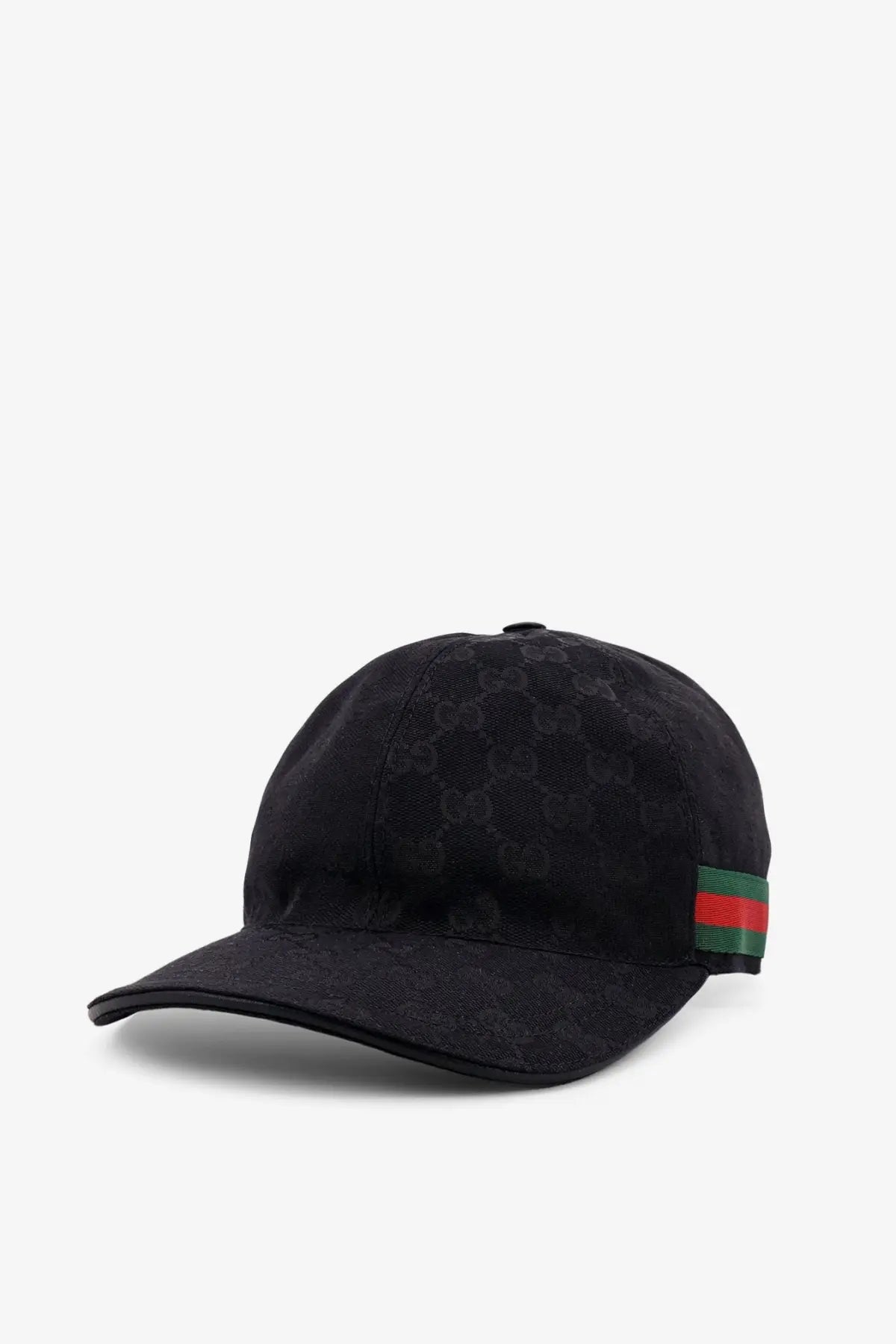 Black gucci men’s gg supreme fabric baseball hat with subtle gg pattern and red and green web stripe on the side
