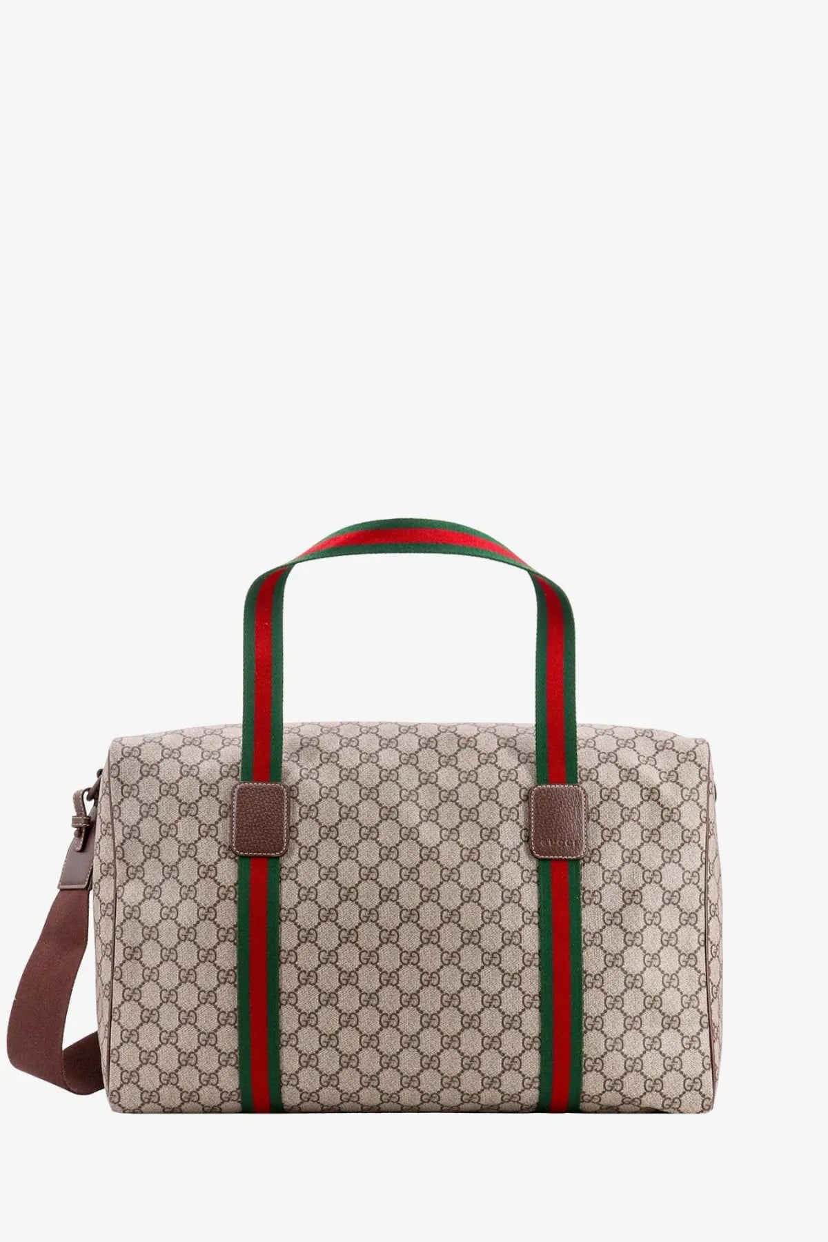 Beige and brown gucci men’s gg supreme fabric and leather travel duffel bag with red and green striped handles