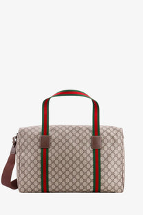 Beige and brown gucci men’s gg supreme fabric and leather travel duffel bag with red and green striped handles