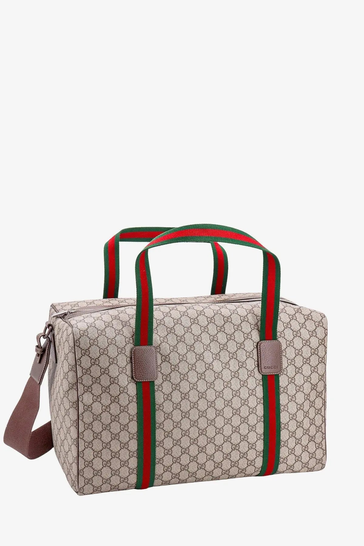 Beige Gucci men’s GG Supreme fabric and leather duffel bag with red and green striped handles for travel use