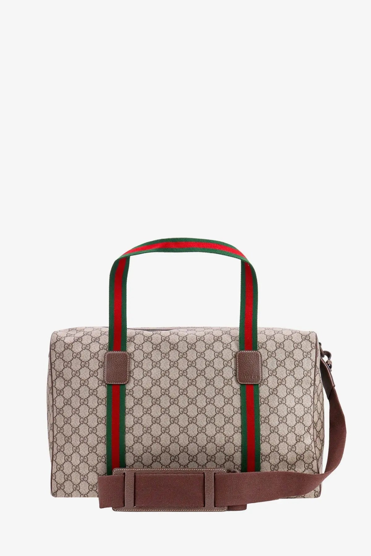 Beige gucci men’s gg supreme canvas duffel bag with green and red striped handles and brown leather accents