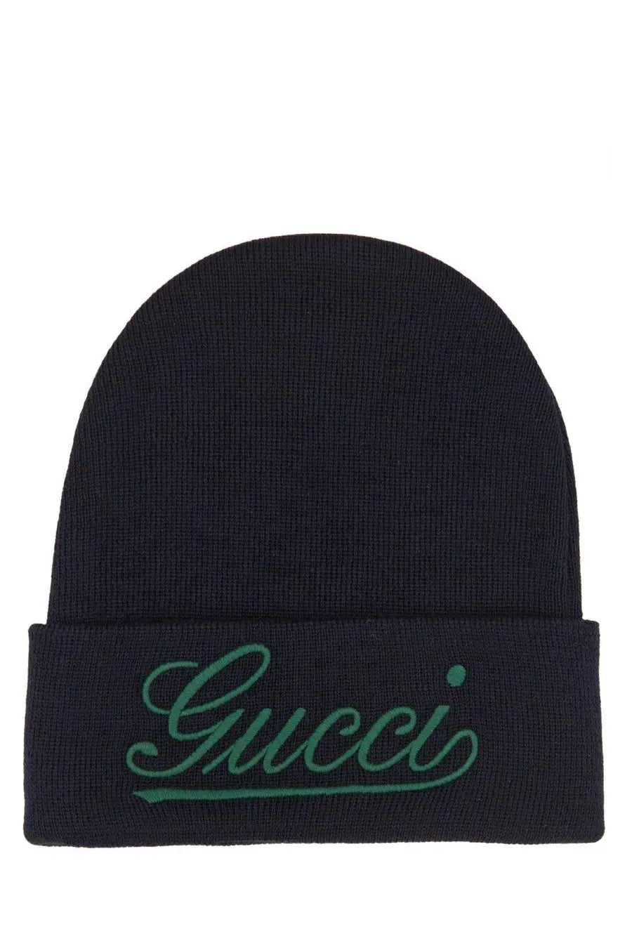 Black gucci men’s beanie with teal embroidered logo on folded brim in soft knit fabric