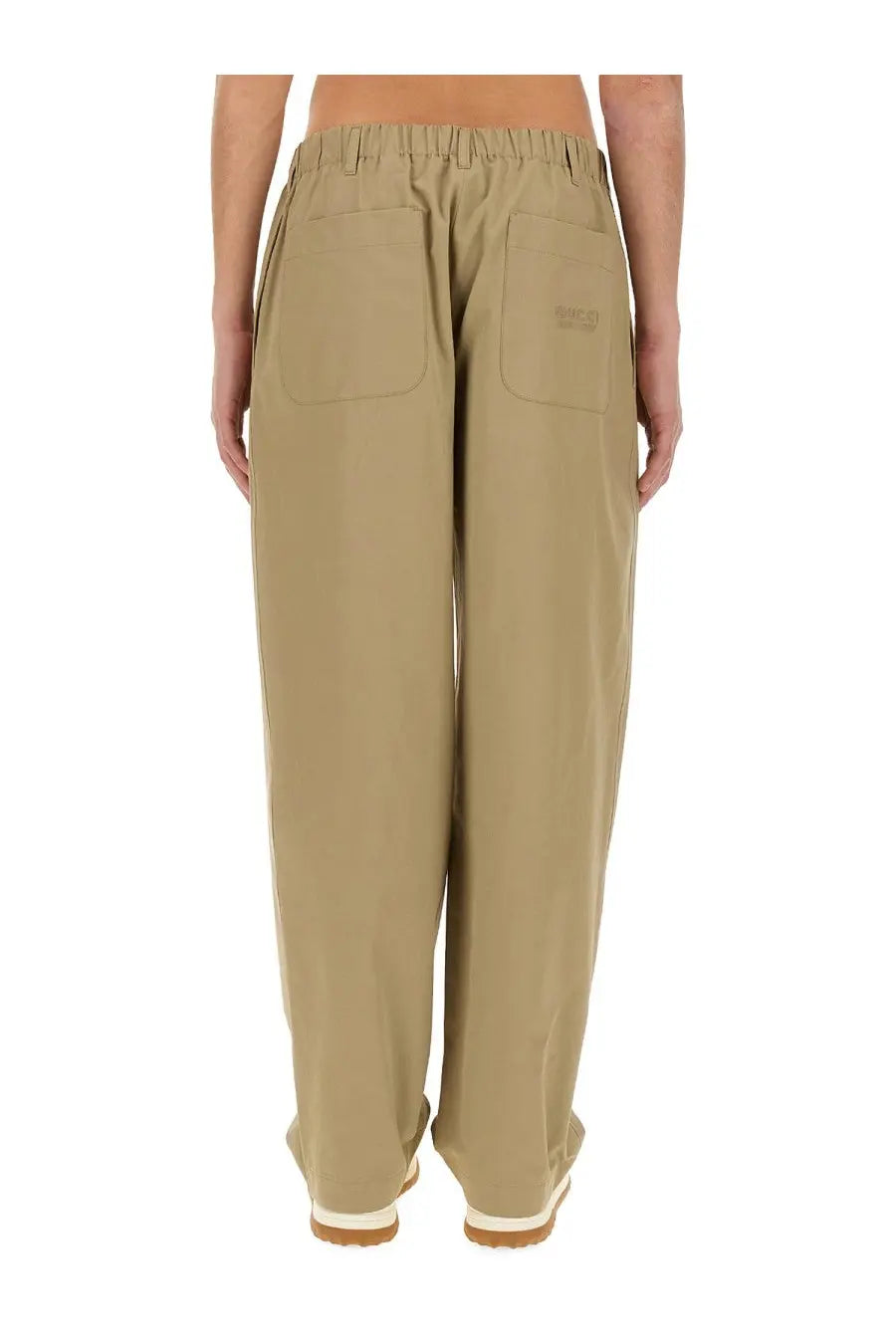 Beige Gucci men’s heavy cotton poplin wide-leg trousers with elastic waistband and two front pockets