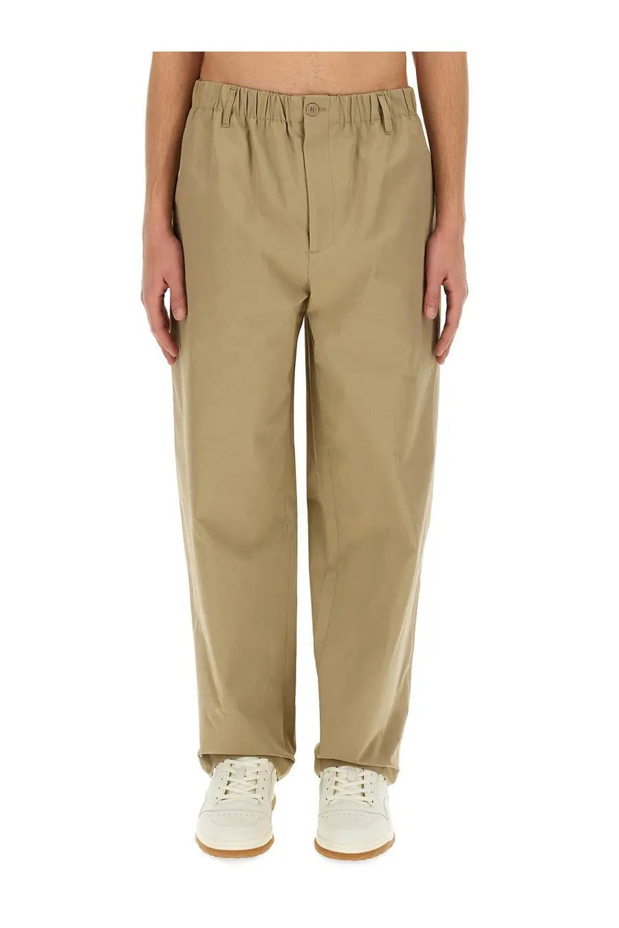 Gucci men’s khaki heavy cotton poplin relaxed-fit trousers with elastic waistband and button closure