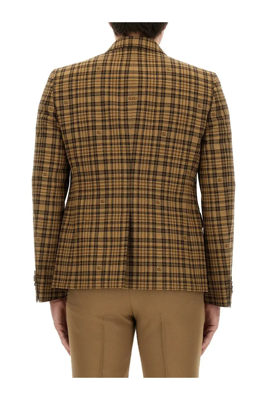 Gucci men’s beige jacket tan and black plaid blazer with subtle gg logo pattern crafted from textured wool blend fabric