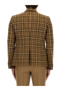 Gucci men’s beige jacket tan and black plaid blazer with subtle gg logo pattern crafted from textured wool blend fabric