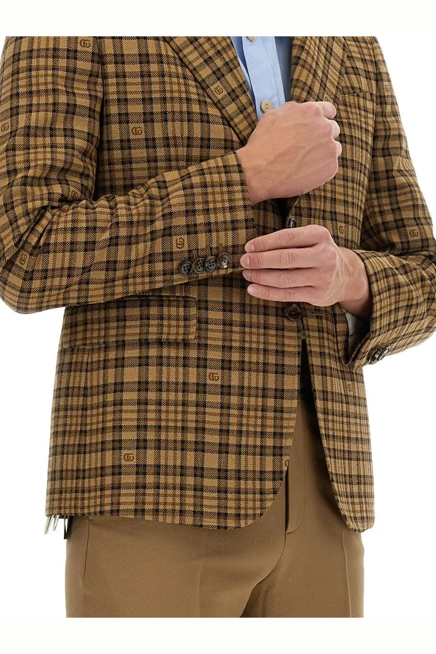 Gucci men’s blazer in beige tan and brown plaid with subtle repeating gg logo embroidery for stylish wear