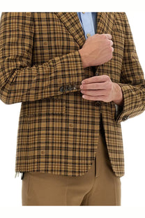 Gucci men’s blazer in beige tan and brown plaid with subtle repeating gg logo embroidery for stylish wear