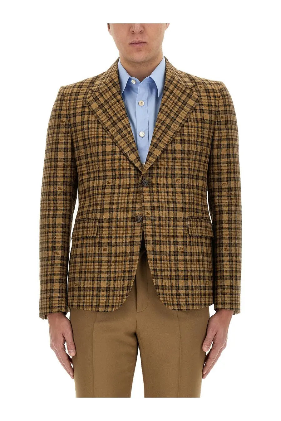Tan and brown plaid gucci men’s jacket beige featuring repeating gucci logo motifs on fabric