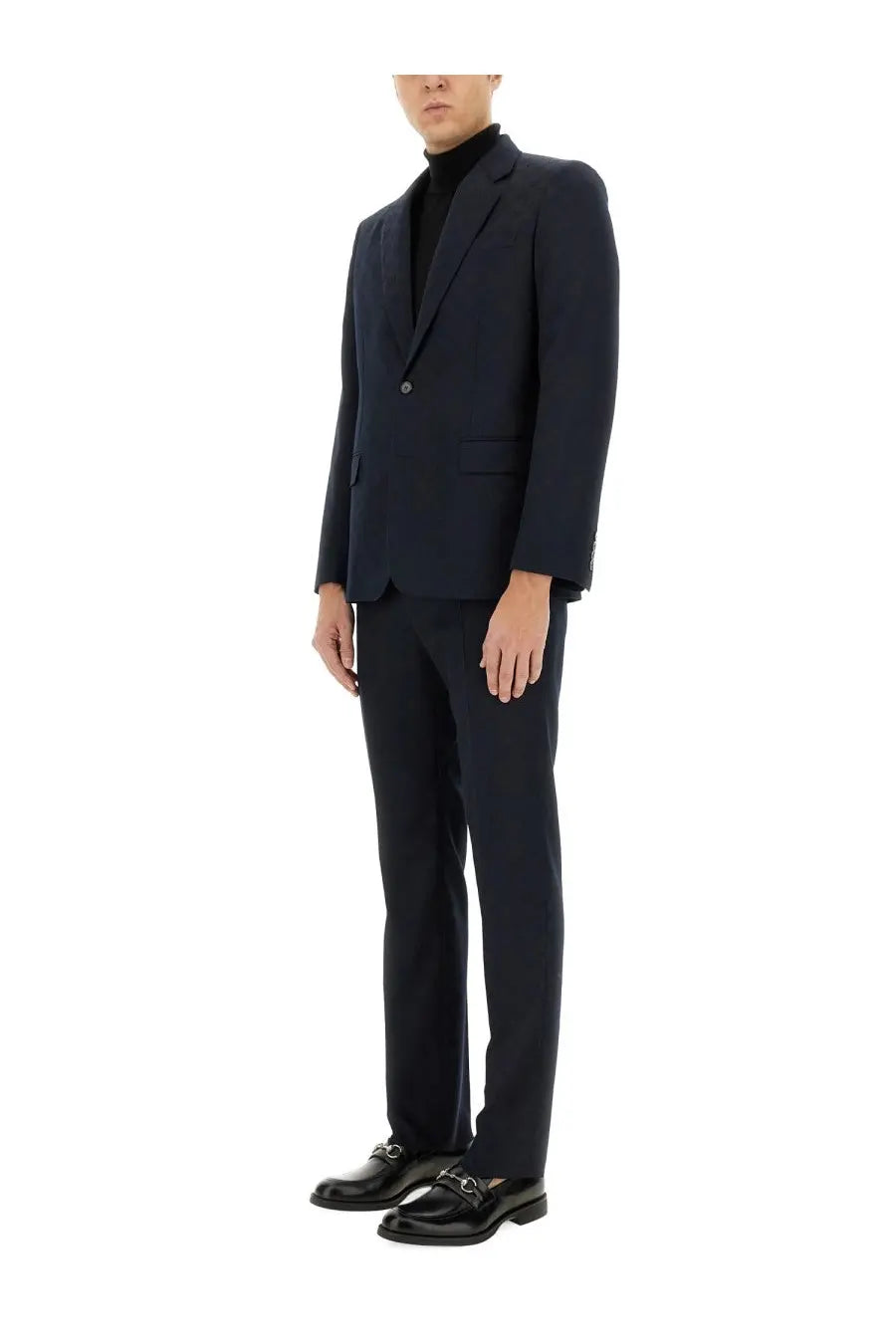 Gucci men’s jacquard dress blue navy blue tailored suit jacket with single button closure and notched lapels
