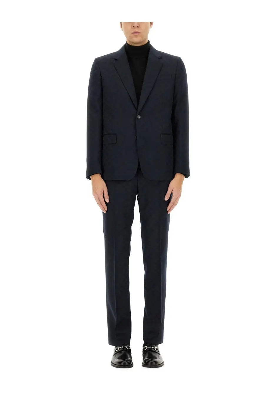 Navy blue Gucci men’s jacquard dress suit with tailored single-breasted jacket and matching trousers